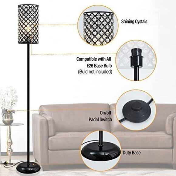 Crystal Floor Lamp, Modern Standing Lamp with Elegant Shade Floor Lamp Black - Picture 3 of 5